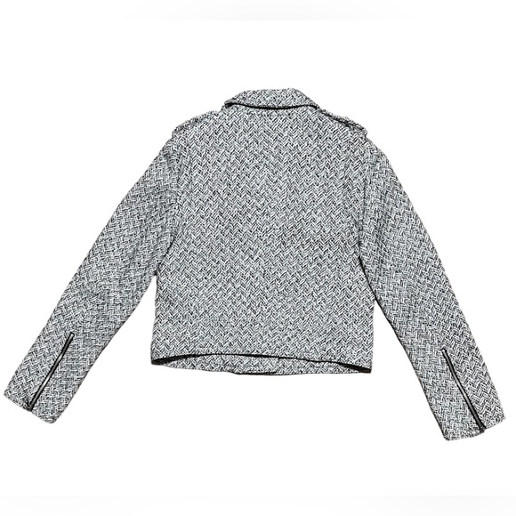 Gap Wm’s Wool Blend Herringbone Moto Zip Up Jacket In White Gray Black Sz M - Picture 2 of 16